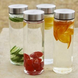 glass water bottle with leak proof airtight stainless steel lid for water, smoothie, juices reusable travel glass drinking fridge bottles 750ml (set of 4)